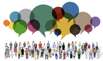 Crowd of people and thought bubbles