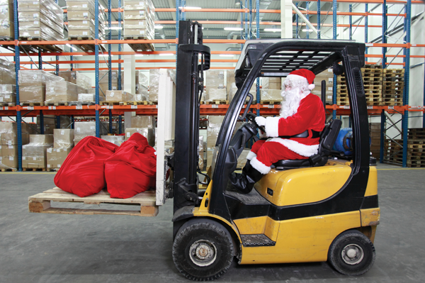 Santa driving a forklift